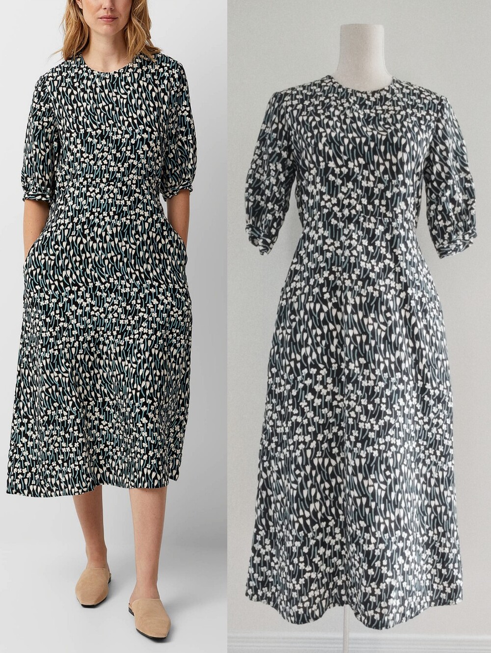Like New Marimekko Absidi Tuulahdus Black & White Floral-Print Midi Dress
